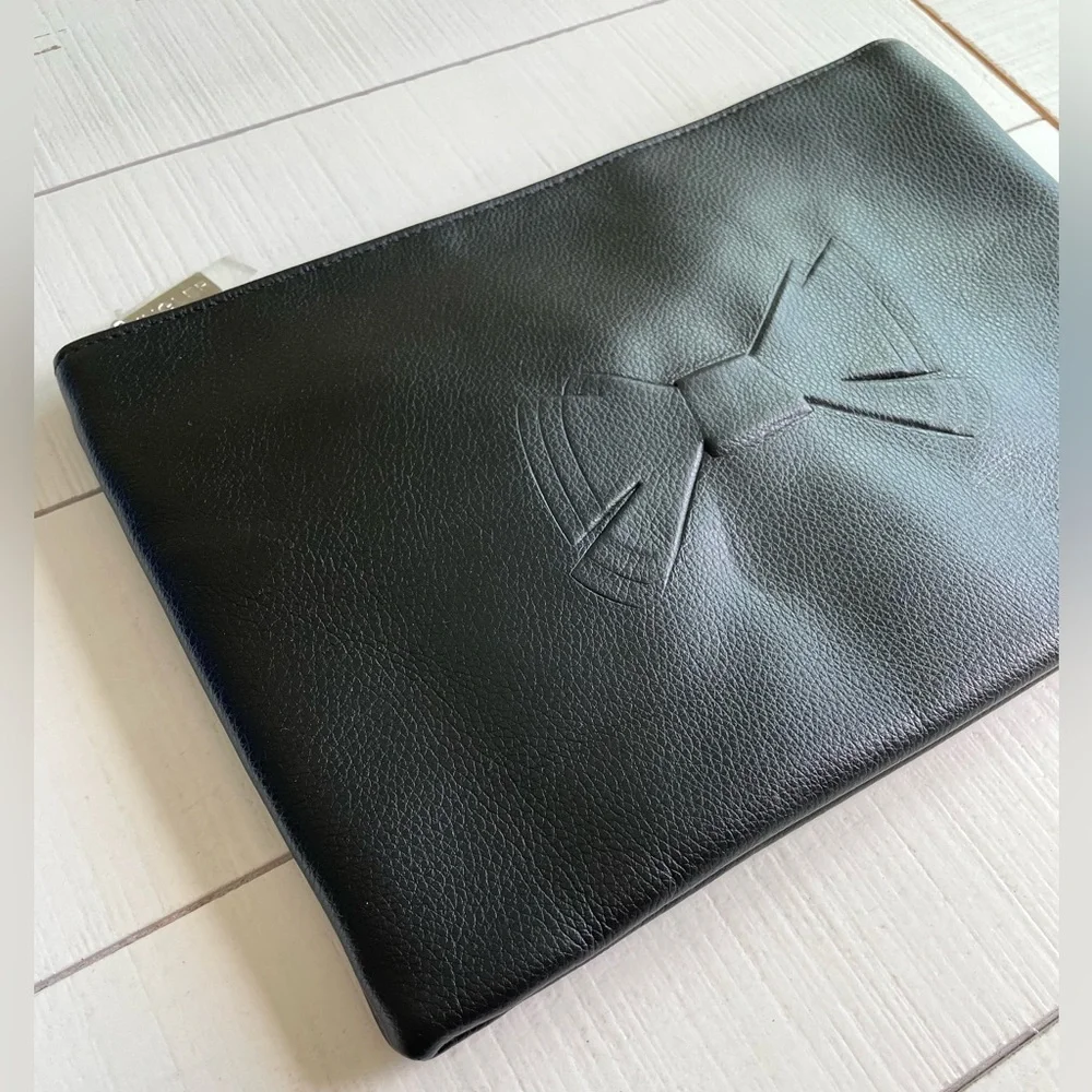 Mugler Black Pebbled Bow Embossed Zip Clutch / Makeup Bag